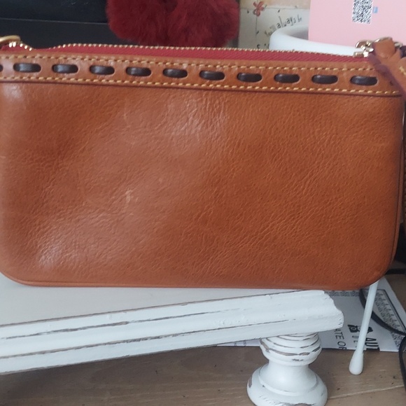 Dooney & Bourke Brown Leather Crossbody Wristlet with Red Trim - Picture 2 of 4